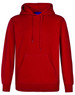 A red adult's close front contrast fleecy hoodie with a front pocket and a hood. Features a logo on the design.