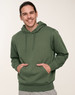 A green adult fleece hoodie with a front pocket, featuring a drawstring hood and a relaxed fit.