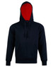 A black hoodie featuring a contrast red lining, complete with a front pocket and a drawstring hood.