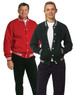 A red fleece varsity jacket worn by a man and a green fleece varsity jacket worn by a young person, both with stripes.
