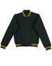 A green fleece varsity jacket with yellow stripes on the collar and cuffs, featuring a button-up front and a logo.