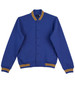 A blue fleece varsity jacket featuring yellow and orange striped ribbed cuffs and collar, with front pockets and buttons.