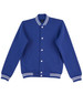 A blue fleece varsity jacket featuring contrasting white stripes and a logo. It has a button-up front and side pockets.