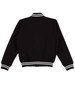 A black fleece varsity jacket featuring white striped ribbing on the collar and cuffs, with a logo on the back.