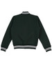 A dark green fleece varsity jacket with contrasting white stripes on the collar and cuffs, featuring a logo.