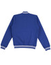 A blue adult's fleece varsity jacket with white striped cuffs and collar, featuring a logo on the back.