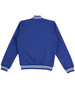 A blue kid's fleece varsity jacket with white striped cuffs and collar, featuring a logo.