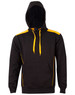 A black hoodie with yellow contrast panels and a kangaroo pocket, featuring a logo on the front.