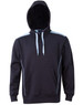 A black hoodie with a contrasting light blue design, featuring a kangaroo pocket and a hood. It has a logo.