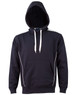 A navy blue hoodie featuring a kangaroo pocket, contrasting white details, and a hood. It has a logo on the front.