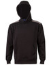 A black hoodie featuring a kangaroo pocket and contrast detailing, complete with a hood and a logo.