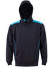 A black hoodie featuring contrast turquoise detailing and a kangaroo pocket, designed for kids.