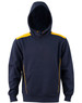 A navy blue hoodie with a contrasting yellow design and a front kangaroo pocket, featuring a hood and a logo.