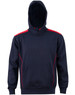 A navy hoodie with a red contrast design and a kangaroo pocket. It features a hood and has a branded logo.