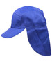 A blue poly cotton legionnaire hat with a wide brim and protective neck flap. It features a logo.