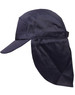 A navy poly cotton legionnaire hat featuring an extended neck flap and a front brim, with a logo on the side.