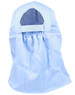 A light blue poly cotton legionnaire hat with a covered back and elastic gathering. Features a logo on the side.