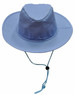 A light blue slouch hat featuring a wide brim and a break-away clip for secure fit. Includes a drawstring for adjustment.
