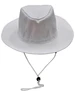 A white bucket hat with a wide brim and a break-away clip attachment on the chin strap. It features a logo.