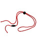 A red chin strap break-away clip with adjustable black toggles on each end. It has a simple, functional design.