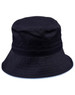A black bucket hat with a wide brim, featuring a toggle adjustment and a decorative trim along the edge.