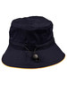 A navy bucket hat with a toggle adjustment and a yellow underside. It features a simple design and a branding logo.