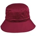 A maroon bucket hat with a wide brim and a toggle fastening, featuring a logo on the side.