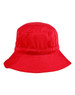A red bucket hat with a wide brim and a toggle, featuring a simple, unembellished design.