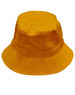 A yellow bucket hat with a toggle, featuring a wide brim and a simple design. It has a logo on one side.