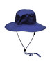 A blue surf hat with a wide brim and a clip-on chin strap, featuring a logo on the side.