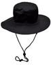 A black surf hat with a wide brim and a clip-on chin strap, featuring ventilation eyelets.