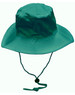 A green surf hat with a wide brim and a clip-on chin strap. It features a logo on the side.