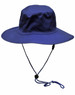 A blue surf hat featuring a clip-on chin strap and eyelets for ventilation. It has a wide brim for sun protection.