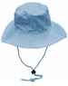 A light blue surf hat with a wide brim and a clip-on chin strap, featuring a logo.