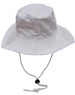 A white surf hat featuring a clip-on chin strap and a wide brim, designed for outdoor use.