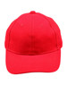 A red brushed cotton cap with a classic design, featuring an adjustable strap at the back and a logo.