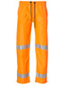 Hi-Vis safety pants in bright orange with reflective 3M tape details. Features an elastic drawstring waist and logo branding.
