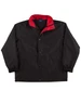 A black varsity jacket with a red collar, featuring a front snap closure and elasticated cuffs.
