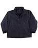 A black varsity jacket with a collar, shoulder details, and a snap button front closure. Features a logo.