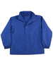 A blue varsity jacket with a collared neck, snap closures, and side pockets. It features elastic cuffs and a logo.