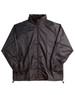 A black outdoor activity spray jacket features a full zip and elastic cuffs. It includes a logo on the chest.