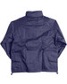 A navy outdoor activity spray jacket featuring a back view and a hood, with a logo present.
