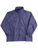 A lightweight navy blue rain jacket with a high collar and zip fastening, featuring elasticated cuffs.
