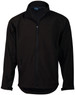 A black softshell jacket with a zip front, two side pockets, and a collar. It features a logo on the chest.