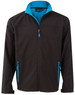 A black softshell jacket with contrast teal accents and a central zip. Features two zippered pockets and a collar.