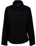 A ladies' softshell jacket in black, featuring a zip front and pockets, with a logo on the collar.