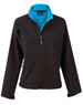 A black softshell jacket with a teal interior and contrasting zipper details, featuring side pockets and a zip front.