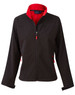 A ladies' softshell jacket in black with red contrast detailing and a zip front. It features side pockets and a collar.