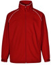 A red track jacket featuring white accents and a high collar, with side pockets and a logo.