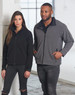 A black men's softshell jacket and a grey men's softshell jacket are displayed on two models. The jackets feature a subtle logo.